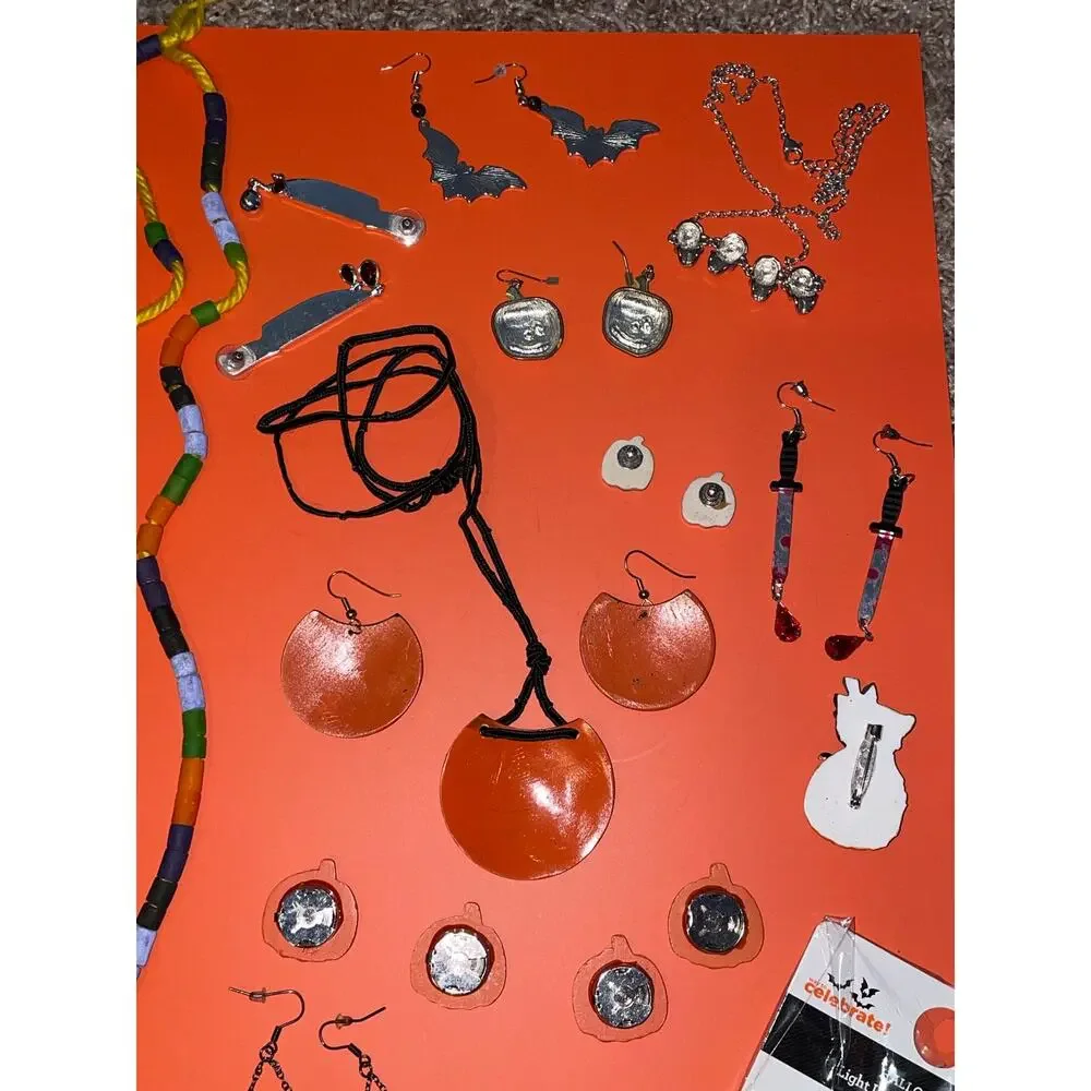 Halloween Costume Jewelry Lot Pumpkin Skull Bat Knife Witch Earrings Necklace